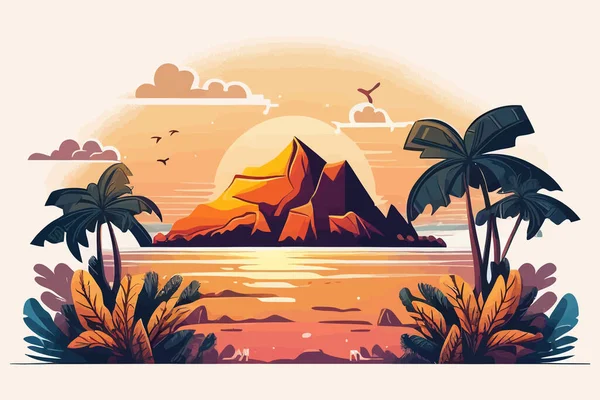 Apus Soare Mare Plaja Tropicală Vară Soare Munți Desing Ilustrații — Vector de stoc