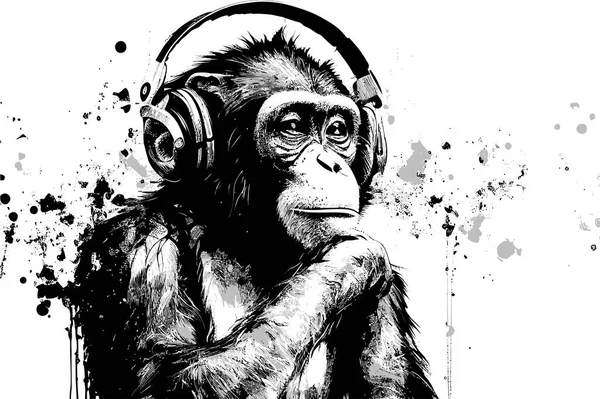 Шимпанзе Наушниках Векторное Рисование — стоковый вектор