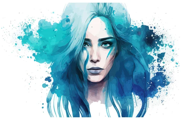 Girl Blue Hair Watercolor Vector Illustration Desing — Stock Vector