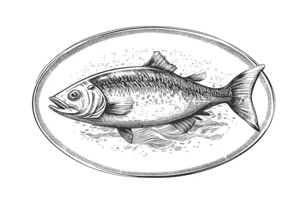 Ψάρια Ένα Πιάτο Χέρι Σχέδιο Χαρακτικής Εστιατόριο Σκίτσο Απενεργοποίηση Εικονογράφησης — Διανυσματικό Αρχείο