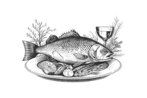 Poisson Sur Une Assiette Dessinée Main Esquisse Gravure Restaurant Illustration — Image vectorielle