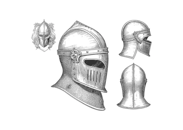 Cască Cavaler Schiță Mână Desenată Stil Gravură — Vector de stoc