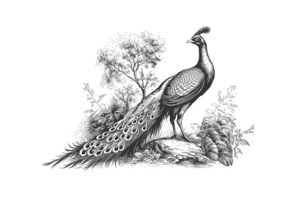 Peacock Σκίτσο Χέρι Που Στυλ Χαρακτικής Απενεργοποίηση Εικονογράφησης Διανύσματος — Διανυσματικό Αρχείο