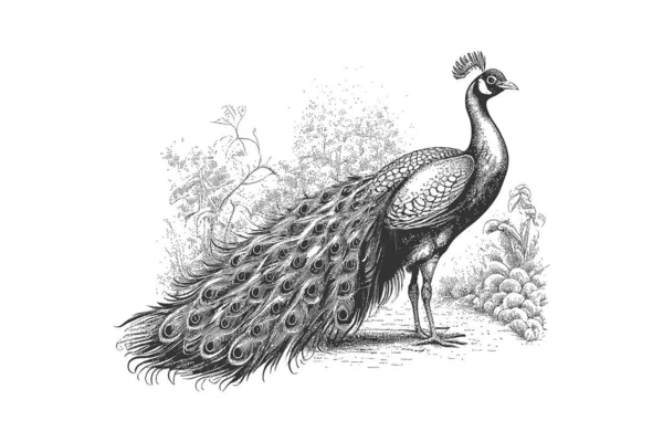 Peacock Σκίτσο Χέρι Που Στυλ Χαρακτικής Απενεργοποίηση Εικονογράφησης Διανύσματος — Διανυσματικό Αρχείο