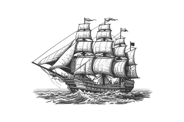 Пиратский Парусник Ретро Эскиз Ручной Гравировки Векторное Рисование — стоковый вектор