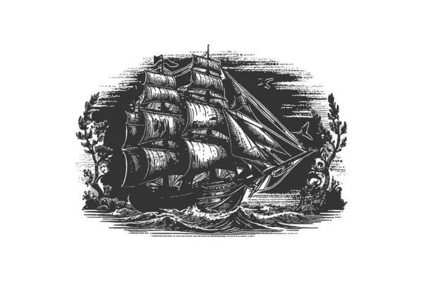 Pirata Barco Vela Retro Esboço Mão Gravura Desenhada Desenho Ilustração —  Vetores de Stock