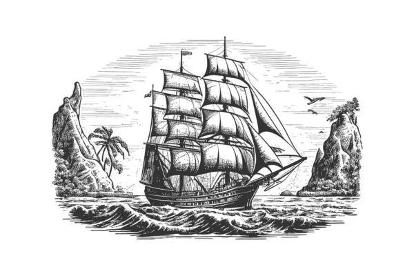 Pirata Barco Vela Retro Esboço Mão Gravura Desenhada Desenho Ilustração —  Vetores de Stock