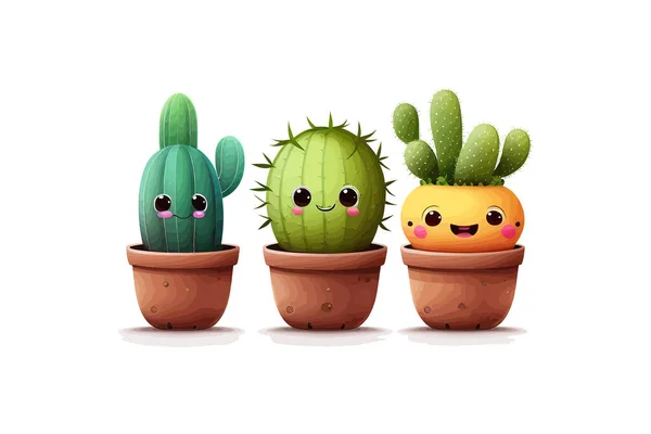 Set Three Cactus Cartoon Pot Isolated White Vector Illustration Desing — Stock Vector