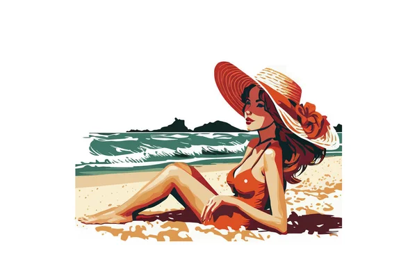 Şapkalı Plajlı Bir Turist Kız Vektör Illüstrasyonunu Ayıklama — Stok Vektör