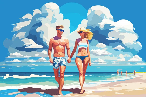 Sommer Hintergrund Mit Meer Strand Und Verliebten Paar Vektorillustration — Stockvektor