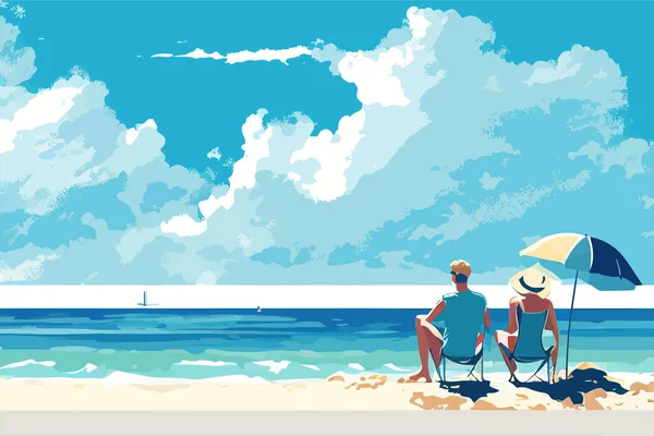 Letní Pozadí Mořskou Pláží Pár Lásce Popisování Vektorové Ilustrace — Stockový vektor