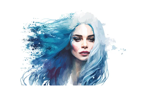 Meisje Met Blauwe Aquarel Vector Illustratie Desing — Stockvector