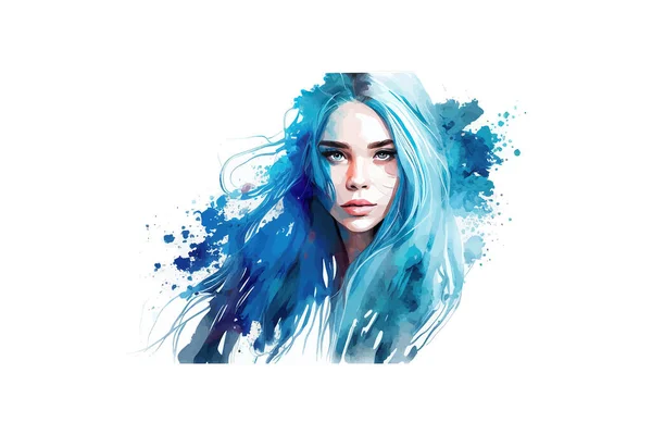 女孩与蓝色头发水彩画 矢量图解绘制 — 图库矢量图片