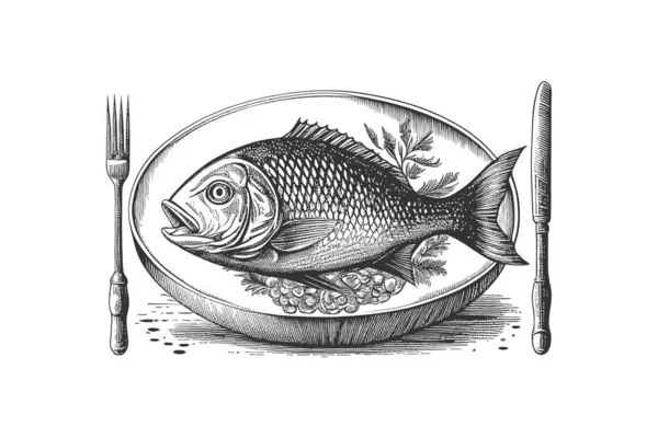 Fisch Auf Einem Teller Handgezeichnete Gravur Skizze Restaurant Vektorillustration — Stockvektor