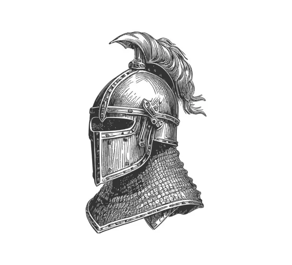 Knight Helmet Sketch Hand Drawn Engraving Styl — Stock Vector