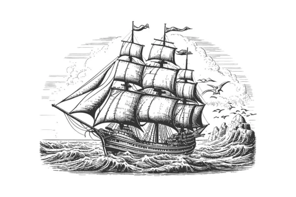 Pirata Barco Vela Retro Esboço Mão Gravura Desenhada Desenho Ilustração — Vetor de Stock