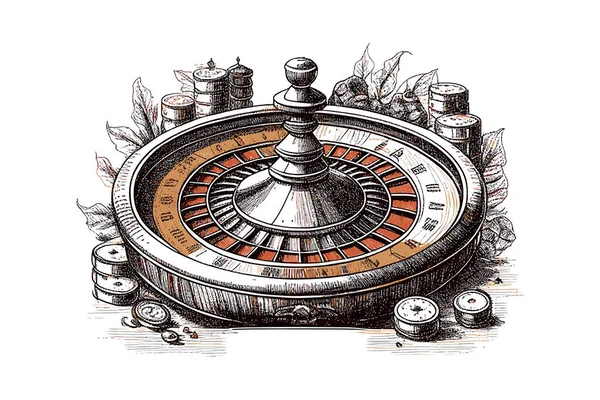 ルーレットカジノのヴィンテージスケッチハンドが描かれています ベクターイラストデザイン — ストックベクタ