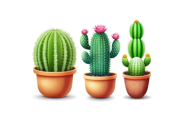Set Three Cactus Cartoon Pot Isolated White Vector Illustration Desing — Stock Vector