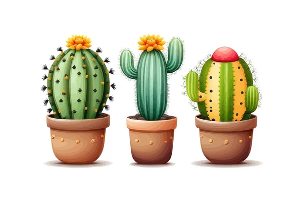 Állíts Három Kaktusz Rajzfilm Pot Elszigetelt Egy Fehér Vektoros Illusztráció — Stock Vector