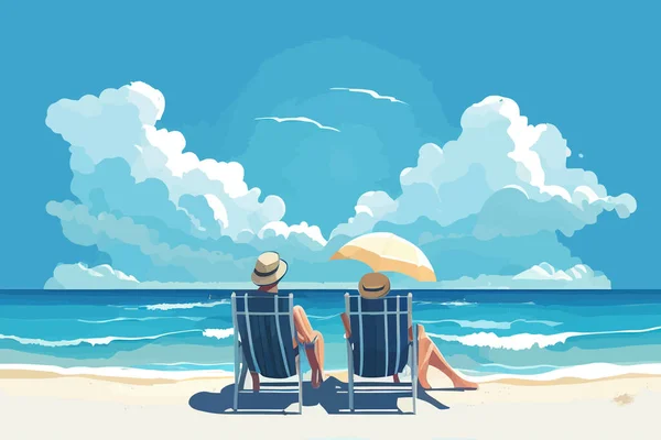Sommer Hintergrund Mit Meer Strand Und Verliebten Paar Vektorillustration — Stockvektor