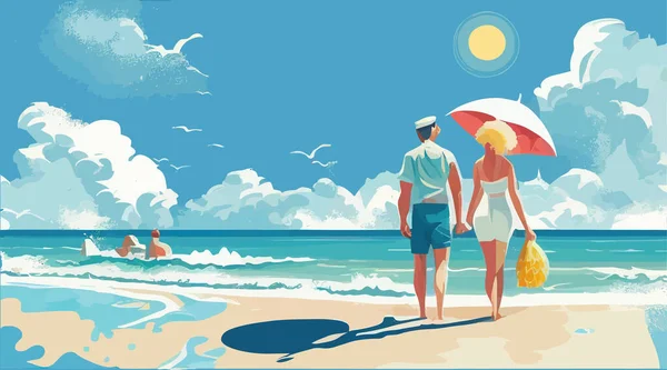 海のビーチと愛のカップルと夏の背景 ベクターイラストデザイン — ストックベクタ