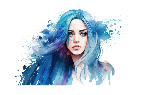 女孩与蓝色头发水彩画 矢量图解绘制 — 图库矢量图片