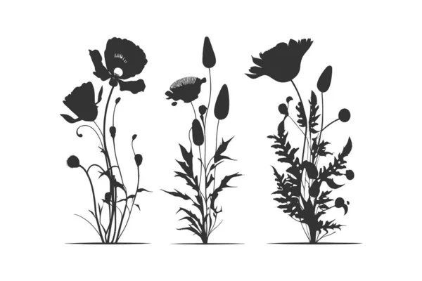 Drei Schwarze Silhouetten Von Blumen Vektor Illustrationsdesign — Stockvektor