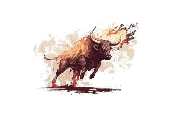 火の手で実行している怒っている雄牛のスケッチを描いた ベクターイラストデザイン — ストックベクタ