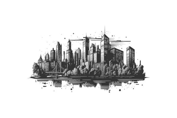 Городской Силуэт Выгравированный Стиль Векторная Иллюстрация — стоковый вектор