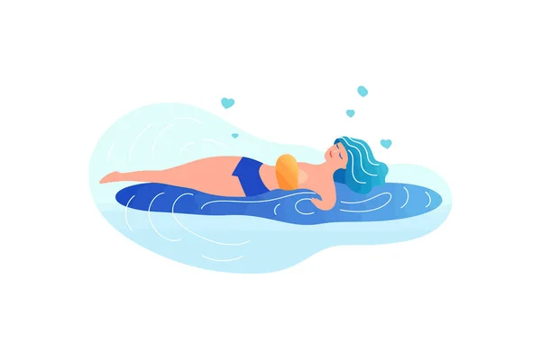 Счастливая Спокойная Женщина Плавающая Поверхности Воды Векторная Иллюстрация — стоковый вектор