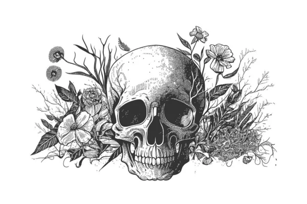 Crânio Humano Flores Esboço Mão Desenhada Desenho Ilustração Vetorial — Vetor de Stock