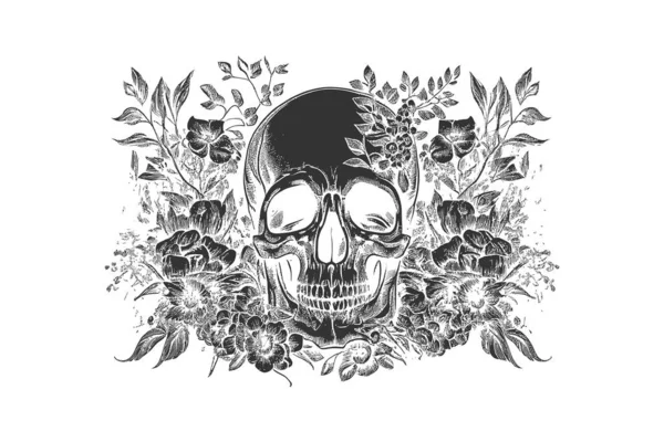 Çiçeklerdeki Insan Kafatası Çizimi Vektör Illüstrasyon Tasarımı — Stok Vektör