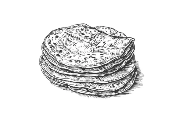 Croquis Gravé Main Tortilla Mexicaine Illustration Vectorielle — Image vectorielle