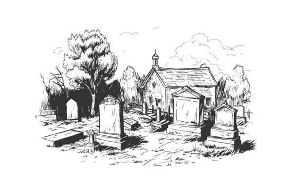 Παλιό Vintage Νεκροταφείο Σκίτσο Χέρι Ζωγραφισμένο Γραμμή Εικονίδιο Σχεδιασμός Εικονογράφησης — Διανυσματικό Αρχείο