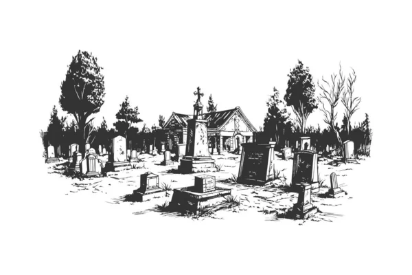 Antiguo Icono Línea Dibujada Mano Del Cementerio Vintage Diseño Ilustración — Archivo Imágenes Vectoriales