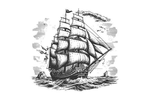 Nava Pirat Pânze Retro Schiță Desenată Manual Design Ilustrații Vectoriale — Vector de stoc