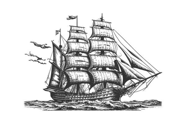 Barco Pirata Velero Retro Boceto Dibujado Mano Diseño Ilustración Vectorial — Vector de stock