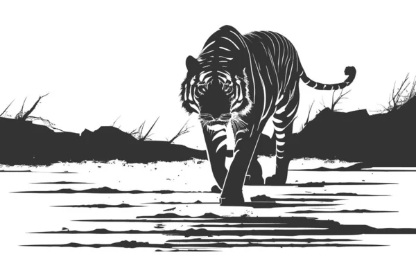 Prosty Design Sylwetki Tiger Walking Projekt Ilustracji Wektorowej — Wektor stockowy