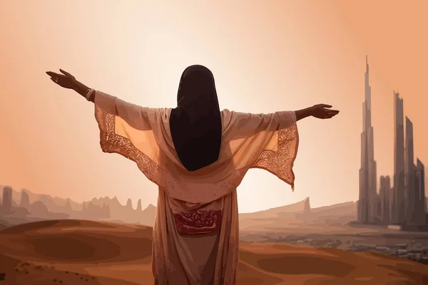 阿拉伯妇女穿着传统服装 双手朝天 矢量图解设计 — 图库矢量图片