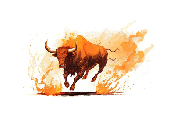 火の手で実行している怒っている雄牛のスケッチを描いた ベクターイラストデザイン — ストックベクタ