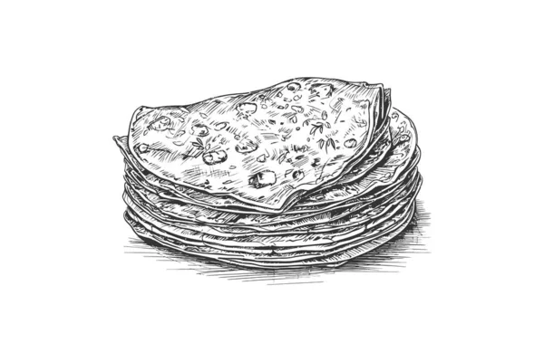 Tortilla Mexicana Dibujada Mano Boceto Grabado Diseño Ilustración Vectorial — Vector de stock
