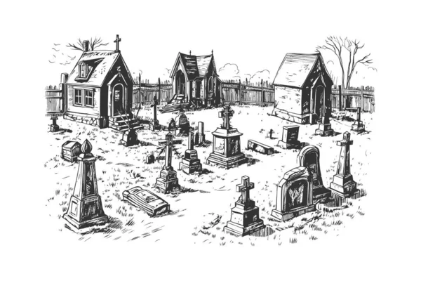 Old Vintage Cemetery Sketch Hand Drawn Line Icon Vector Illustration — Stock Vector