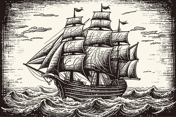 Pirata Barco Vela Retrô Esboço Mão Desenhada Desenho Ilustração Vetorial —  Vetores de Stock