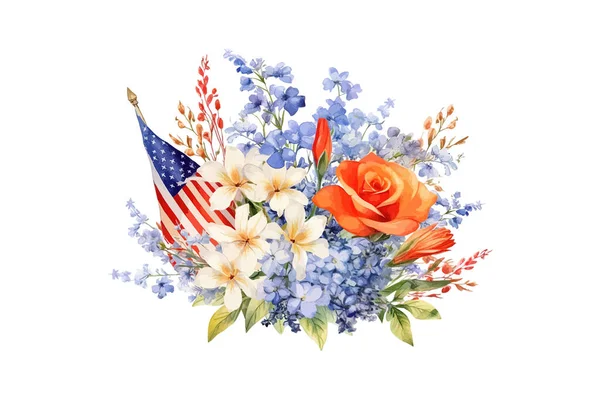 Bandeira Americana Com Flores Primavera Independência Dos Eua Desenho Ilustração —  Vetores de Stock