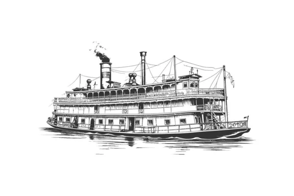 Grande Barco Vapor Retro Desenhado Mão Estilo Gravura Desenho Ilustração —  Vetores de Stock
