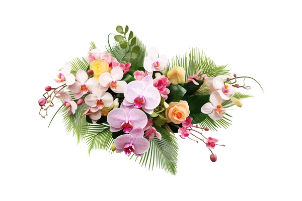Rosa Rosa Fiori Orchidea Con Foglia Verde Tropicale Progettazione Illustrazione — Vettoriale Stock