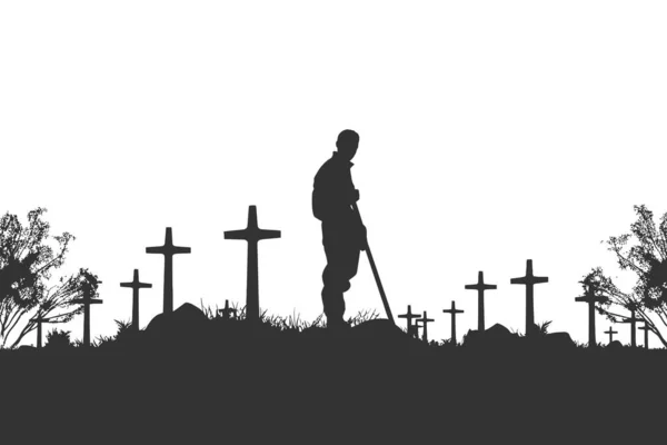 Плачущий Солдат Военном Кладбище Черный Силуэт Векторное Рисование — стоковый вектор