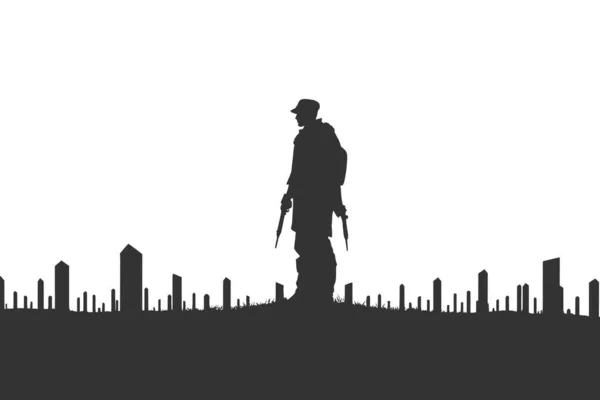 Weinender Soldat Auf Dem Kriegsfriedhof Schwarze Silhouette Vektorillustration — Stockvektor