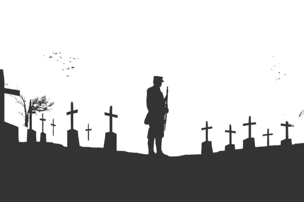 Στρατιώτης Που Κλαίει Στο Νεκροταφείο Του Πολέμου Μαύρη Σιλουέτα Απενεργοποίηση — Διανυσματικό Αρχείο
