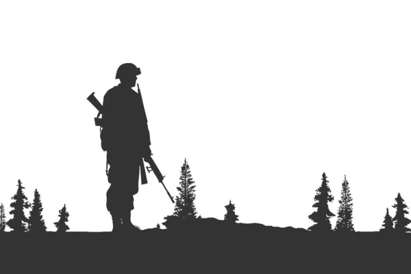 一个士兵在森林中央的轮廓 矢量图解绘制 — 图库矢量图片